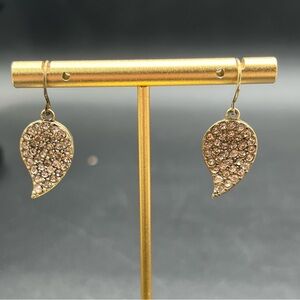 KCR Gold Tone Pave Crystal Leaf Dangle Earrings Hook Back Signed